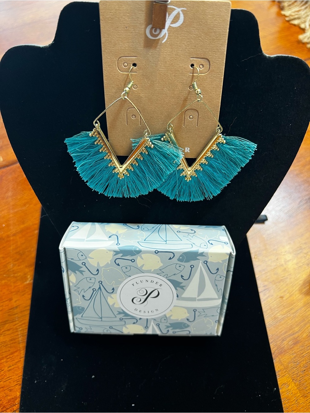 Plunder Teal Fringe V-Frame Earrings with Gold Accents